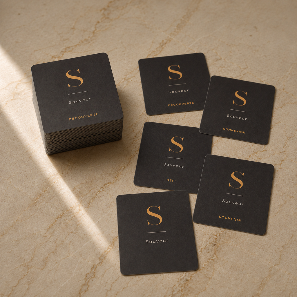 A stack of black square cards with gold foil lettering and several loose cards arranged on a beige stone surface. The cards feature a large gold 'S' with the words 'Souveur', ''Decouverte', 'Souvenir',  'Connexion' and 'Défi' in gold and white text.