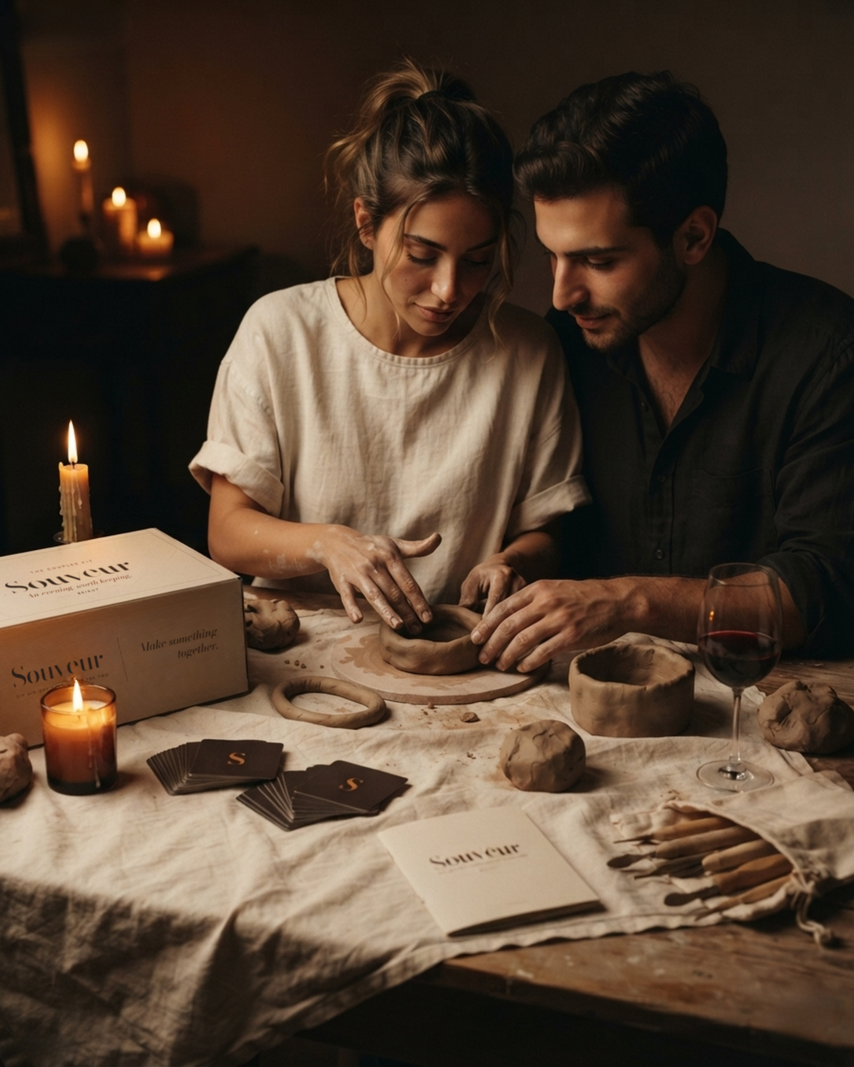 A man and a woman sit at a rustic table with candles, pottery, cards, and a box labeled Souveur, appearing to engage in a cozy craft or gift experience in a dimly lit indoor setting.